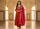 MEHAK RUST EMBROIDERED STITCHED SUIT SET WITH RANI PINK DUPATTA