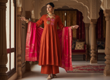 MEHAK RUST EMBROIDERED STITCHED SUIT SET WITH RANI PINK DUPATTA
