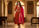 MEHAK RUST EMBROIDERED STITCHED SUIT SET WITH RANI PINK DUPATTA