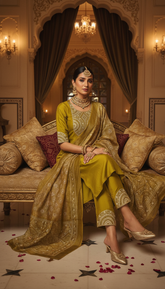Mehendi Glow Heritage Suit Set / Royal Mustard Embroidered Stitched Suit