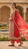 Cream & Red Striped Embroidered Unstitched Suit