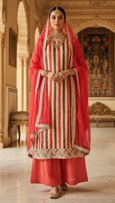 Cream & Red Striped Embroidered Unstitched Suit