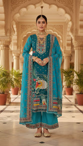 Mayuri – Peacock Blue Embroidered Unstitched Suit