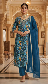 Phool – Teal Floral Embroidered Unstitched Suit