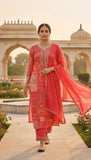 Rangrez – Coral Red Patchwork Embroidered Unstitched Suit