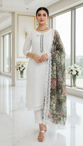 Ivory Bloom – White Chikankari Unstitched Suit with Floral Printed Dupatta