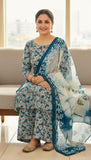 Blossom Garden Unstitched Suit Set – Teal & Cream Floral
