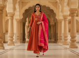 MEHAK RUST EMBROIDERED STITCHED SUIT SET WITH RANI PINK DUPATTA