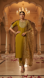 Mehendi Glow Heritage Suit Set / Royal Mustard Embroidered Stitched Suit