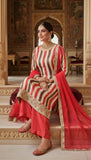 Cream & Red Striped Embroidered Unstitched Suit