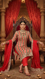Cream & Red Striped Embroidered Unstitched Suit