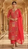 Rangrez – Coral Red Patchwork Embroidered Unstitched Suit